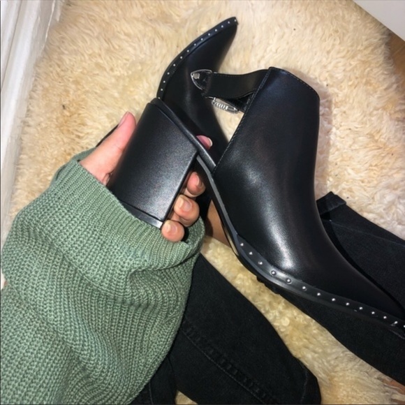 Black Vegan Leather Ankle Bootie Studded Detail - Picture 3 of 7